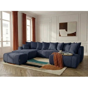 Canapé panoramique convertible ROXELANE tissu bouclette avec pouf bleu foncé angle gauche BOBOCHIC 6 places pas cher