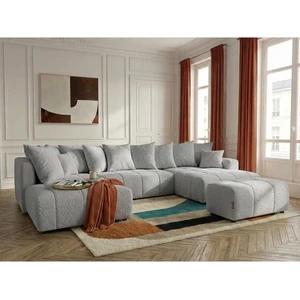Canapé panoramique convertible ROXELANE tissu bouclette avec pouf gris clair angle droit BOBOCHIC 6 places pas cher
