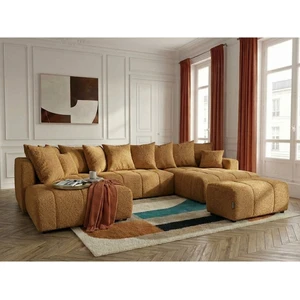 Canapé panoramique convertible ROXELANE tissu bouclette avec pouf jaune angle droit BOBOCHIC 6 places pas cher