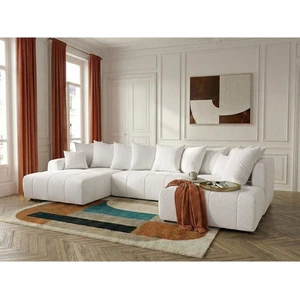 Canapé panoramique convertible ROXELANE tissu bouclette blanc angle gauche BOBOCHIC 6 places pas cher
