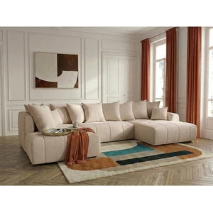 Canapé panoramique convertible ROXELANE tissu bouclette beige angle droit BOBOCHIC 6 places pas cher