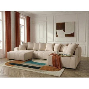 Canapé panoramique convertible ROXELANE tissu bouclette beige angle gauche BOBOCHIC 6 places pas cher
