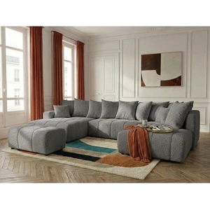 Canapé panoramique convertible ROXELANE tissu bouclette avec pouf gris foncé angle gauche BOBOCHIC 6 places pas cher
