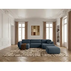 Canapé panoramique convertible coffre DENISE tissu texturé avec pouf bleu foncé angle gauche BOBOCHIC places pas cher