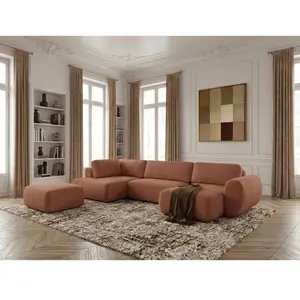 Canapé panoramique convertible coffre DENISE tissu texturé avec pouf orange angle droit BOBOCHIC places pas cher