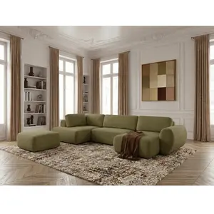Canapé panoramique convertible coffre DENISE tissu texturé avec pouf vert angle droit BOBOCHIC places pas cher