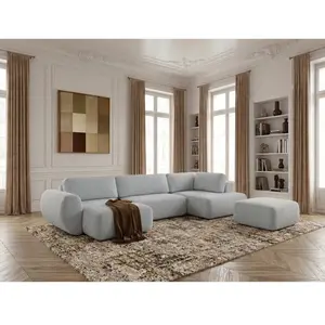 Canapé panoramique convertible coffre DENISE tissu texturé avec pouf gris clair angle gauche BOBOCHIC places pas cher
