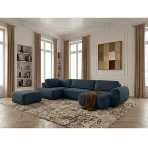 Canapé panoramique convertible coffre DENISE tissu texturé avec pouf bleu foncé angle droit BOBOCHIC places pas cher
