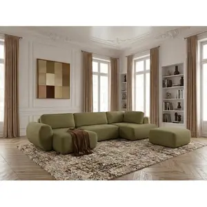 Canapé panoramique convertible coffre DENISE tissu texturé avec pouf vert angle gauche BOBOCHIC places pas cher