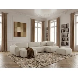 Canapé panoramique convertible coffre DENISE tissu texturé avec pouf blanc angle gauche BOBOCHIC places pas cher