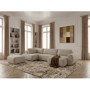 Canapé panoramique convertible coffre DENISE tissu texturé avec pouf beige angle droit BOBOCHIC places pas cher