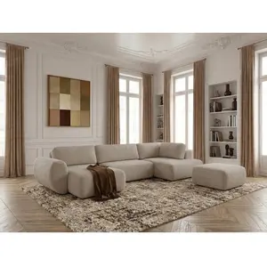 Canapé panoramique convertible coffre DENISE tissu texturé avec pouf beige angle gauche BOBOCHIC places pas cher