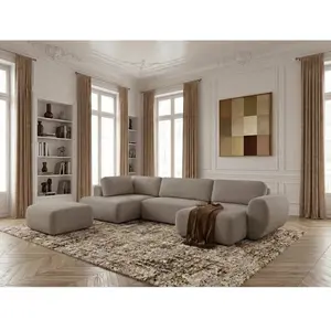 Canapé panoramique convertible coffre DENISE tissu texturé avec pouf taupe angle droit BOBOCHIC places pas cher