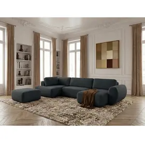 Canapé panoramique convertible coffre DENISE tissu texturé avec pouf noir angle droit BOBOCHIC places pas cher