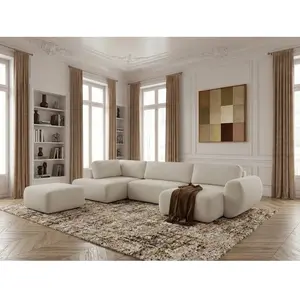 Canapé panoramique convertible coffre DENISE tissu texturé avec pouf blanc angle droit BOBOCHIC places pas cher