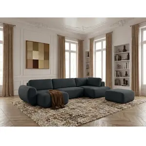 Canapé panoramique convertible coffre DENISE tissu texturé avec pouf noir angle gauche BOBOCHIC places pas cher