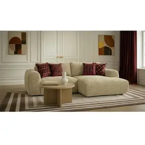 Canapé d'angle compact convertible coffre LUCIEN gros côtelé doux beige angle droit BOBOCHIC 2,5 places pas cher