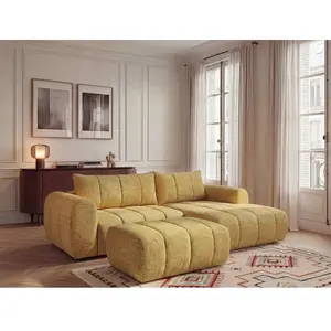 Canapé d'angle fixe NESTY tissu chiné avec pouf jaune BOBOCHIC 3 places pas cher