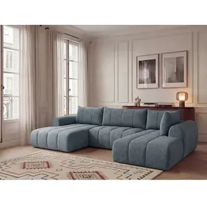 Canapé panoramique fixe NESTY tissu chiné bleu angle gauche BOBOCHIC places pas cher