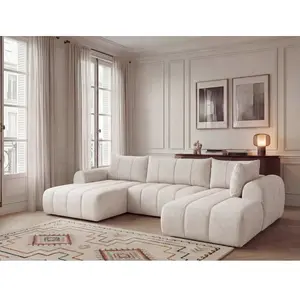 Canapé panoramique fixe NESTY tissu chiné beige angle gauche BOBOCHIC places pas cher