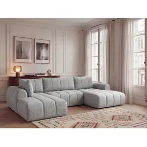 Canapé panoramique fixe NESTY tissu chiné gris clair angle droit BOBOCHIC places pas cher