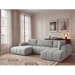 Canapé panoramique fixe NESTY tissu chiné gris clair angle gauche BOBOCHIC places pas cher