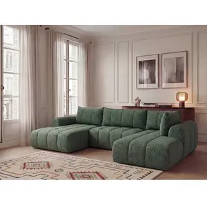 Canapé panoramique fixe NESTY tissu chiné vert foncé angle gauche BOBOCHIC places pas cher