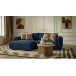 Canapé d'angle compact convertible coffre LUCIEN gros côtelé doux bleu foncé angle gauche BOBOCHIC 2,5 places pas cher