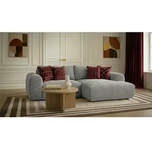 Canapé d'angle compact convertible coffre LUCIEN gros côtelé doux gris clair angle droit BOBOCHIC 2,5 places pas cher