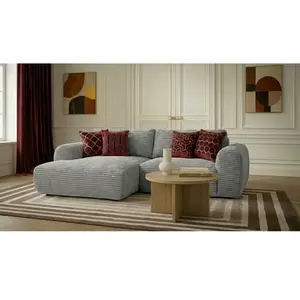 Canapé d'angle compact convertible coffre LUCIEN gros côtelé doux gris clair angle gauche BOBOCHIC 2,5 places pas cher