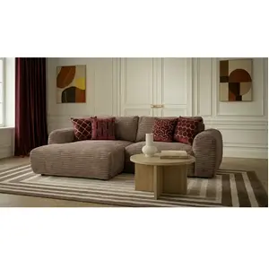 Canapé d'angle compact convertible coffre LUCIEN gros côtelé doux taupe angle gauche BOBOCHIC 2,5 places pas cher