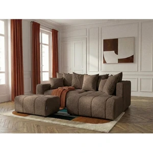 Canapé d'angle L convertible coffre ROXELANE tissu bouclette avec pouf marron angle droit BOBOCHIC 4 places pas cher