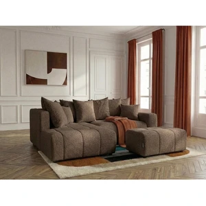 Canapé d'angle L convertible coffre ROXELANE tissu bouclette avec pouf marron angle gauche BOBOCHIC 4 places pas cher