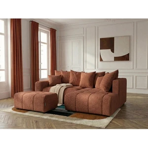 Canapé d'angle L convertible coffre ROXELANE tissu bouclette avec pouf orange angle droit BOBOCHIC 4 places pas cher