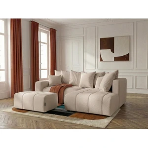 Canapé d'angle L convertible coffre ROXELANE tissu bouclette avec pouf beige angle droit BOBOCHIC 4 places pas cher