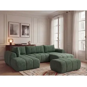Canapé panoramique fixe NESTY tissu chiné avec pouf vert foncé angle droit BOBOCHIC places pas cher