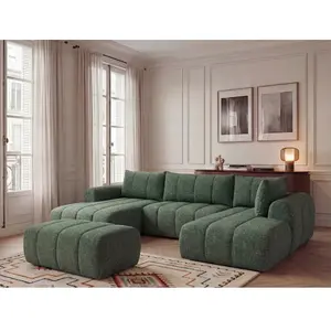 Canapé panoramique fixe NESTY tissu chiné avec pouf vert foncé angle gauche BOBOCHIC places pas cher