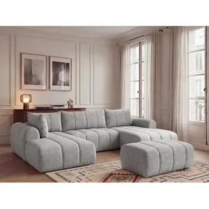 Canapé panoramique fixe NESTY tissu chiné avec pouf gris clair angle droit BOBOCHIC places pas cher