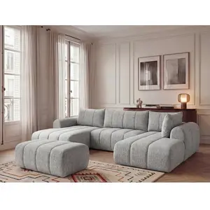Canapé panoramique fixe NESTY tissu chiné avec pouf gris clair angle gauche BOBOCHIC places pas cher