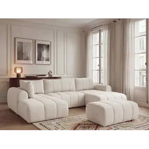 Canapé panoramique fixe NESTY tissu chiné avec pouf beige angle droit BOBOCHIC places pas cher