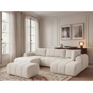 Canapé panoramique fixe NESTY tissu chiné avec pouf beige angle gauche BOBOCHIC places pas cher