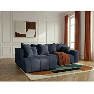 Canapé d'angle L convertible coffre ROXELANE tissu bouclette bleu foncé angle gauche BOBOCHIC 4 places pas cher