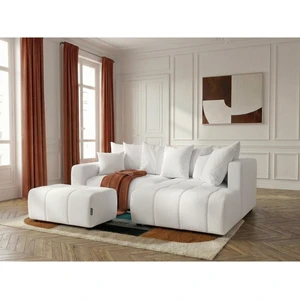Canapé d'angle L convertible coffre ROXELANE tissu bouclette avec pouf blanc angle droit BOBOCHIC 4 places pas cher