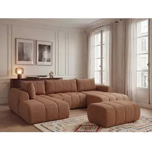 Canapé panoramique fixe NESTY tissu chiné avec pouf orange angle droit BOBOCHIC places pas cher