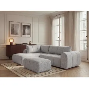 Canapé d'angle L fixe NESTY tissu chiné avec pouf gris clair BOBOCHIC 3 places pas cher