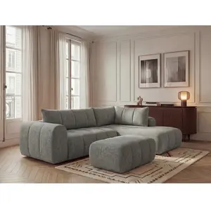 Canapé d'angle L fixe NESTY tissu chiné avec pouf gris foncé BOBOCHIC 3 places pas cher