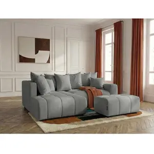 Canapé d'angle L convertible coffre ROXELANE tissu chiné avec pouf gris clair angle gauche BOBOCHIC 4 places pas cher