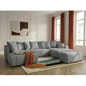 Canapé panoramique convertible ROXELANE tissu chiné avec pouf gris clair angle droit BOBOCHIC 6 places pas cher