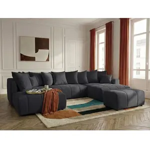 Canapé panoramique convertible ROXELANE tissu chiné avec pouf gris foncé angle droit BOBOCHIC 6 places pas cher
