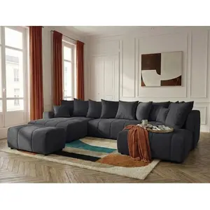 Canapé panoramique convertible ROXELANE tissu chiné avec pouf gris foncé angle gauche BOBOCHIC 6 places pas cher